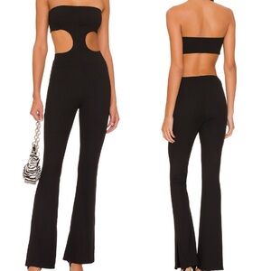 SUPERDOWN Darcey Cut Out Jumpsuit Ribbed Black Strapless Flare Event Medium M